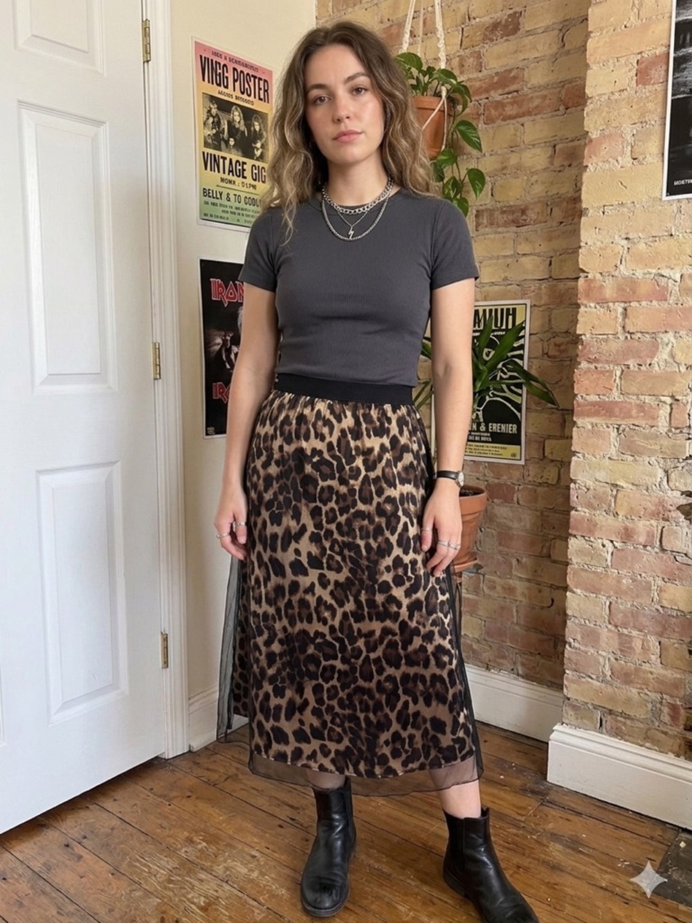 JOH Leopard Print Midi Skirt with Sheer overlay size Medium